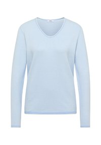 Pull en maille bleu clair à manches longues avec col en V et motif texturé subtil, présenté sur un fond blanc.