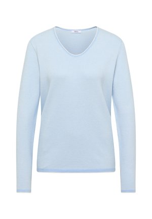 Hellblauer langärmliger Strickpullover mit V-Ausschnitt und feinem Strukturmuster, präsentiert vor weißem Hintergrund.