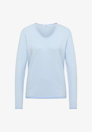 Maglione a maniche lunghe azzurro chiaro in maglia con scollo a V e motivo testurizzato sottile, mostrato su sfondo bianco.