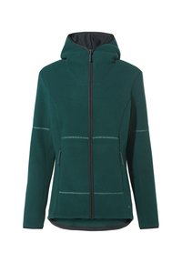 Groene fleece jack met een capuchon, rits aan de voorkant en contrasterende zwarte voering. Beschikt over twee zijzakken en subtiele stiksels.