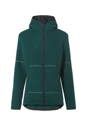 Veste en polaire verte avec capuche, fermeture éclair sur le devant et doublure noire contrastante. Dispose de deux poches latérales et de détails de couture discrets.