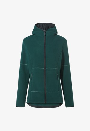 Giacca in pile verde con cappuccio, chiusura a zip e fodera nera a contrasto. Presenta due tasche laterali e dettagli di cucitura discreti.