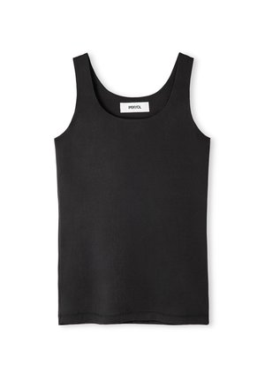 Canotta nera con scollo rotondo, linee pulite e una superficie liscia. L'etichetta all'collo reca la scritta "IPEKYOL." Design semplice, senza maniche.