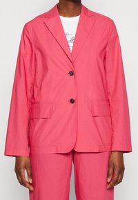 Blazer rose avec un tissu légèrement texturé, deux boutons noirs et des poches à rabat. Le design présente un col cranté et des manches longues.