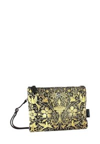 Borsa nera con motivo floreale e uccelli dorati, dotata di chiusura con zip e tracolla staccabile. Realizzata in materiale resistente con una texture liscia.