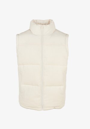 Helle beige Steppweste mit Stehkragen und Vorderreißverschluss. Verfügt über eine vertikale Rippstruktur im oberen Teil und einen gesteppten unteren Teil.