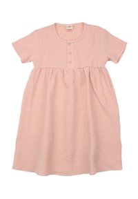 Light pink cotton dress with short sleeves and a round neckline, featuring a pleated skirt and three wooden buttons at the front.