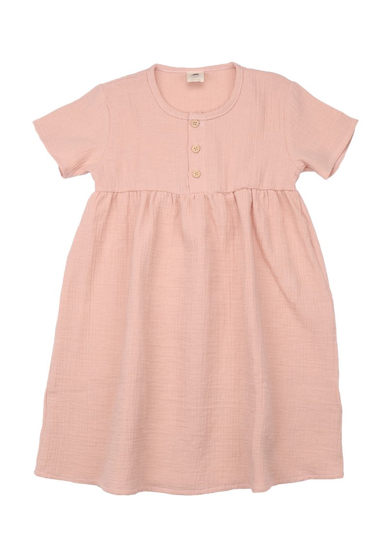 Light pink cotton dress with short sleeves and a round neckline, featuring a pleated skirt and three wooden buttons at the front.