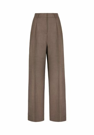 Braune weit geschnittene Hose mit glatter Textur, ausgestattet mit Vorderfalten und einem hohen Bund, gefertigt aus maßgeschneideter Stoff für einen strukturierten Sitz.