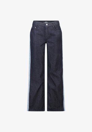 Donkerblauwe jeans met wijde pijpen, lichtblauwe zijstrepen, voorzakken, riemlussen en een knoopsluiting in de taille.