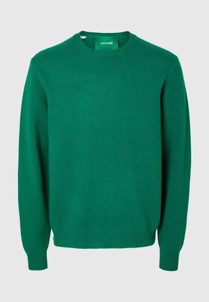 Žalias vilnonis megztinis, su apvalia iškirpte, ilgomis rankovėmis, ribintomis rankogaliais ir apačia, tekstūruota medžiaga, lygi apdaila. Be raštų ar akcentų.