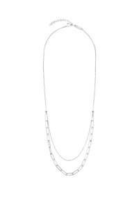 Srebrny naszyjnik z dwoma warstwami łańcuszków: jeden cienki, drugi z wydłużonymi ogniwami, regulowany zapięcie z przedłużaczem.