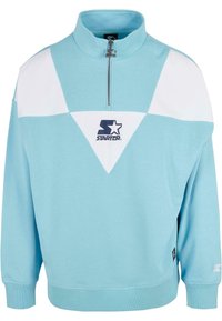 Ljusblå sweatshirt med hög krage och halvdragkedja. Har vita triangulära accenter och en logotyp i mitten. Mjuk, texturerad tyg.