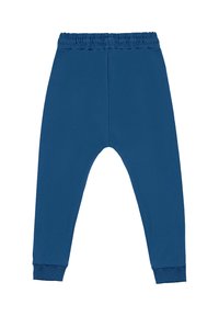 Niebieskie spodnie dla malucha z elastycznym pasem i prążkowanymi mankietami, zaprojektowane dla wygody i swobody ruchów.