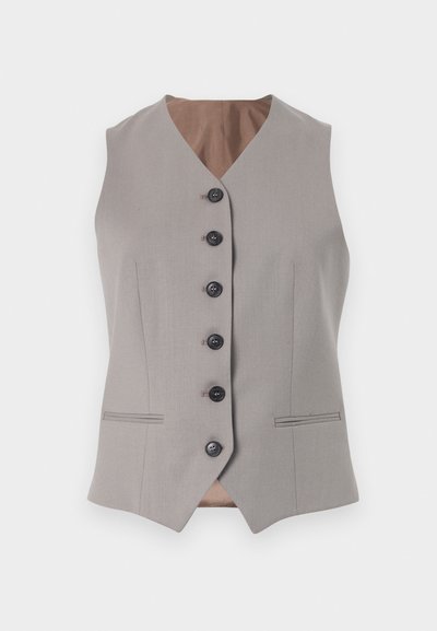 Gray sleeveless vest with a V-neck, featuring six black buttons, structured design, and two front pockets with subtle stitching details.