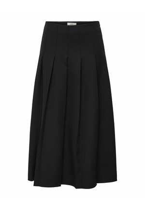 Zwarte plissé midi rok gemaakt van gladde stof. Heeft een hoge taille en een vloeiende silhouet met netjes gestikte plooien.