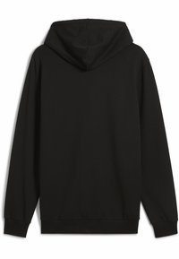 Zwarte pullover hoodie met een zachte textuur, lange mouwen, een ruime capuchon en ribgebreide cuffs en zoom. Geen zichtbare logo's of patronen.