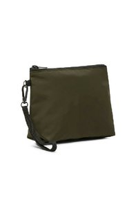 Borsa verde olivo realizzata in tessuto liscio e resistente, con una zip nera. Include una tracolla staccabile per un facile trasporto.