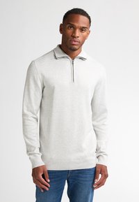 Maglione grigio chiaro con colletto con zip, maniche lunghe, polsini e orlo a coste, realizzato in tessuto morbido. Design semplice senza motivi.