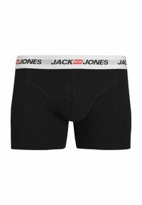 Crne bokserice napravljene od pamuka s bijelim elastikom oko struka na kojem je ispisano ime brenda "JACK & JONES" u crnoj i crvenoj boji.