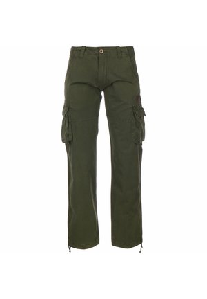 Pantaloni cargo verdi realizzati in cotone. Presentano diverse tasche laterali, chiusura con bottone e lacci regolabili alla caviglia. Fit casual e morbido.