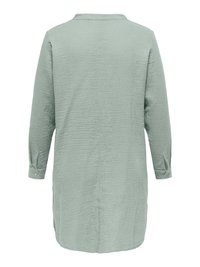 Langärmliges hellgrünes strukturiertes Hemdkleid mit Kragen und geknöpften Manschetten, von hinten auf weißem Hintergrund gezeigt.