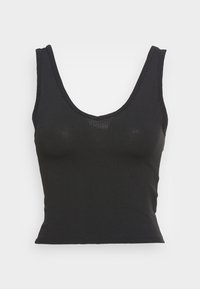 Svart ribbad linne med rundad halsringning och breda axelband, med en figurnära design och en jämn textur.