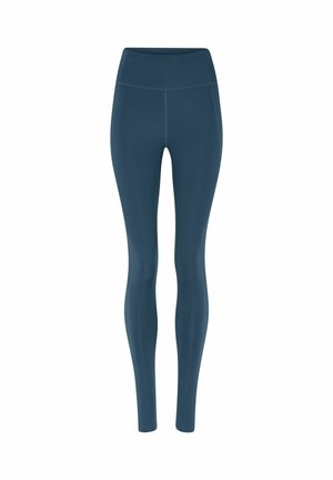 Hoch geschnittene, dunkelteal farbene Leggings in voller Länge mit flachen Nähten, gestaltet für sportliche oder legere Aktivitäten.