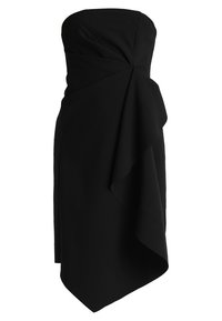 Černé bezramínkové šaty s přiléhavým korzetem, drapeným předním dílem, asymetrickým lemem a hladkým materiálem s mírným leskem.