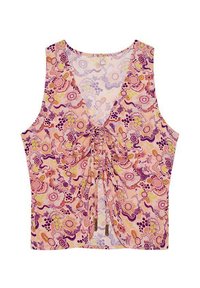 Top sin mangas con estampado floral en rosa y púrpura, que presenta un detalle fruncido en la parte delantera y un escote en V. Tejido ligero y fluido.