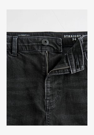 Sorte denim straight-fit jeans med lynlås, knaplukning, bæltestropper og en lomme. Stoffet har et glat, let struktureret udseende.