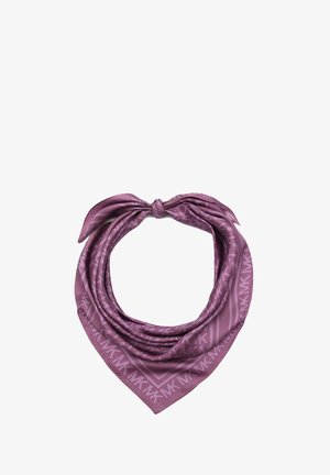 Silkeslørf i dæmpet lilla med et geometrisk mønster og branding i en tonet design. Bundet i en klassisk bandana-stil.