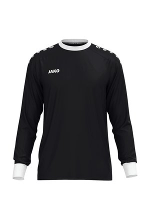 Sort langærmet sportstrøje med hvid krave og manchetter, JAKO-logo på brystet og hvide prikker på skuldrene, vist på ensfarvet baggrund.