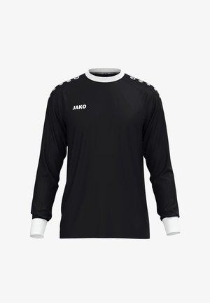 Zwart sportshirt met lange mouwen, witte kraag en manchetten, JAKO-logo op de borst en witte stippen op de schouders, getoond op een effen achtergrond.