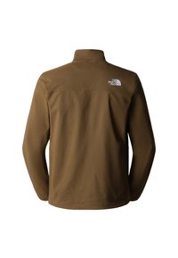 Bruine jas met een hoge kraag, gemaakt van een gladde stof. Bevat een klein wit logo op de bovenrug en lange mouwen.