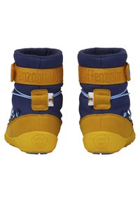 Blaue und gelbe Kinderstiefel mit einer strukturierten Gummisohle, verstellbaren Riemen und bunten Akzenten, ausgestattet mit einem weichen Obermaterial und robuster Verarbeitung.