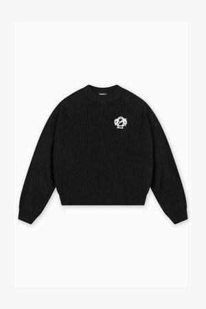 Black ribbed sweater with a crew neckline. Features a white embroidered logo on the left side. Long sleeves and a cropped fit.