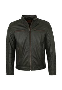 Schwarze Lederjacke mit Stehkragen, Frontreißverschlüssen und strukturierten Akzenten auf den Schultern. Hat eine glatte Oberfläche und eine taillierte Passform.