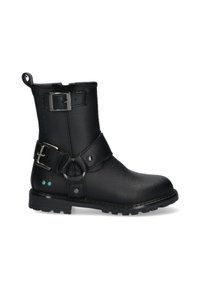 Zwarte leren enkelboot met een textuurafwerking, zilveren gesp en banddetails, groene accentpunten en een robuuste rubberen zool.