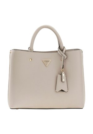 Beige structured handbag with two handles, gold brand logo, and a matching decorative tag hanging from one handle.