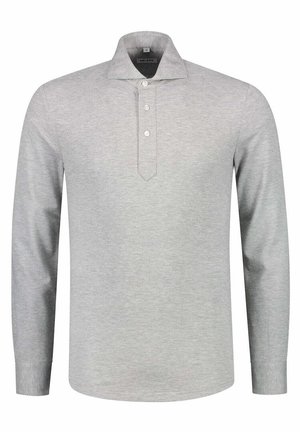 Grijze langemouwen polo met een drieknoopsluiting, kraag en een rechte zoom. Gemaakt van een gestructureerde katoenen stof.