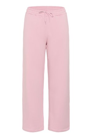 Pantalones de chándal de color rosa claro, hechos de una tela suave, con un diseño de pierna ancha, cinturilla elástica con cordón y dobladillos ajustados.