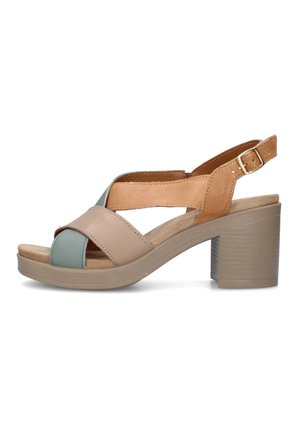 Sandalo da donna con punta aperta, con cinturini in pelle beige, azzurro chiaro e marrone chiaro e tacco medio largo con fibbia regolabile.