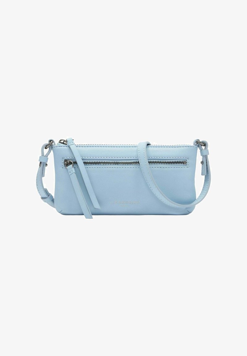 Sac bandoulière en cuir bleu clair avec poche zippée à l'avant, bandoulière ajustable et ferrures couleur argent.