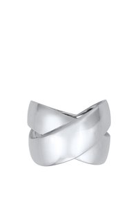 Silberner Crossover-Ring mit polierter Oberfläche, der gebogene Bänder zeigt, die sich kreuzen und ein elegantes, modernes Design schaffen.