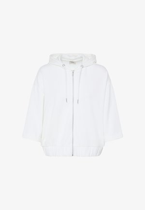 Biela krátka mikina s krátkym rukávom na zips so sťahovacími šnúrkami a elastickým pásom, zobrazená na jednoliatom bielom pozadí.