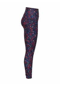 Leggings a vita alta con motivo floreale nei colori blu navy, bordeaux e bianco. Realizzate in un materiale elastico con una texture liscia.