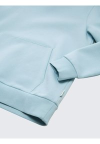 Sudadera azul claro hecha de una suave mezcla de algodón. Presenta un bolsillo canguro, puños y dobladillo acanalados, con una pequeña etiqueta en el lado.