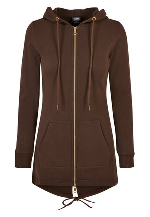 Brun zip-up hettegenser laget av mykt stoff, med hette, gullglidelås, to frontlommer og justerbar snor i kanten.