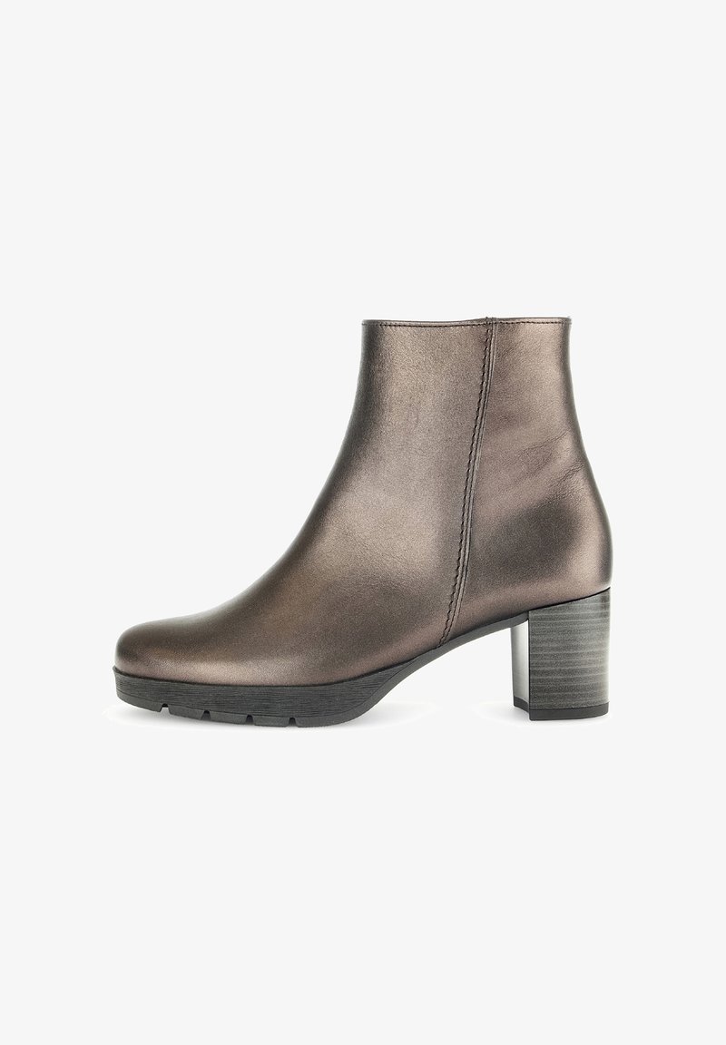 Bottine pour femme en cuir marron métallisé avec talon carré et semelle noire texturée, vue de côté sur fond blanc.